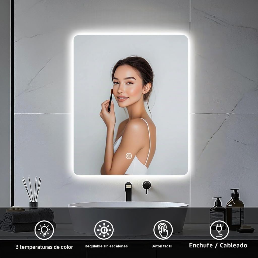 Espejo de Pared para baño, Espejo de baño con iluminación, Espejo con luz LED, Interruptor táctil y 3 Colores Regulables (60 L x 45 B)
