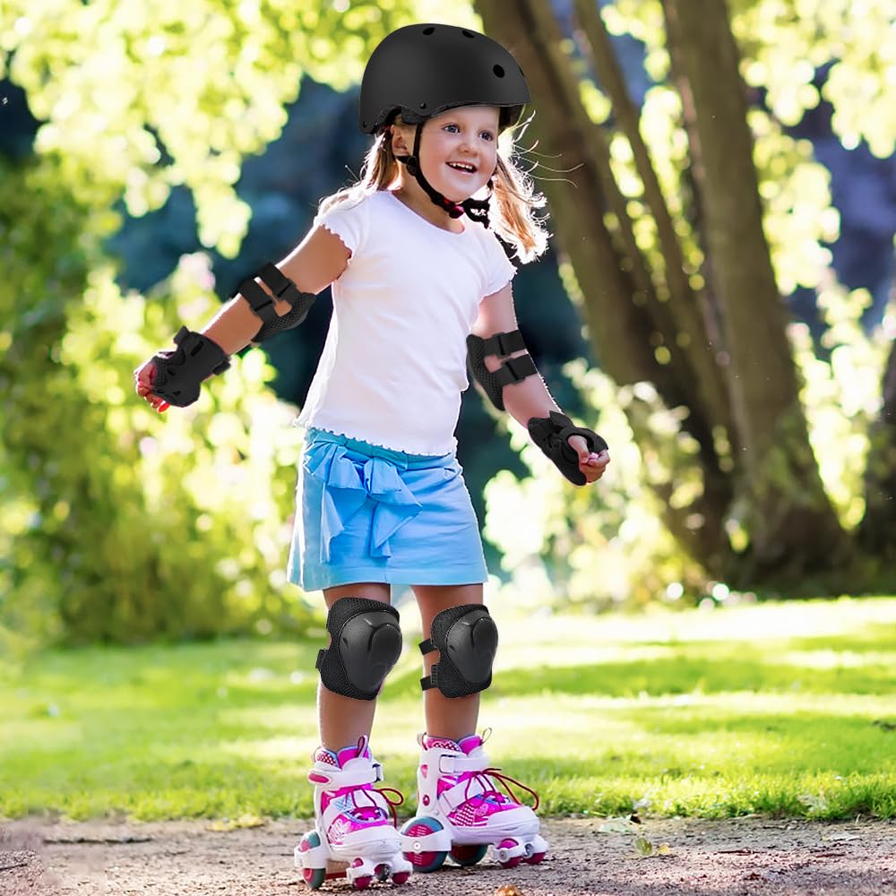 Set di Casco Protezione Bambini, 5 in 1 Casco Bici Protezioni Set per 3-11 Anni Regolabile Polso Ginocchiere Protezione per Skateboard Hoverboard Pattini in Linea(Nero)