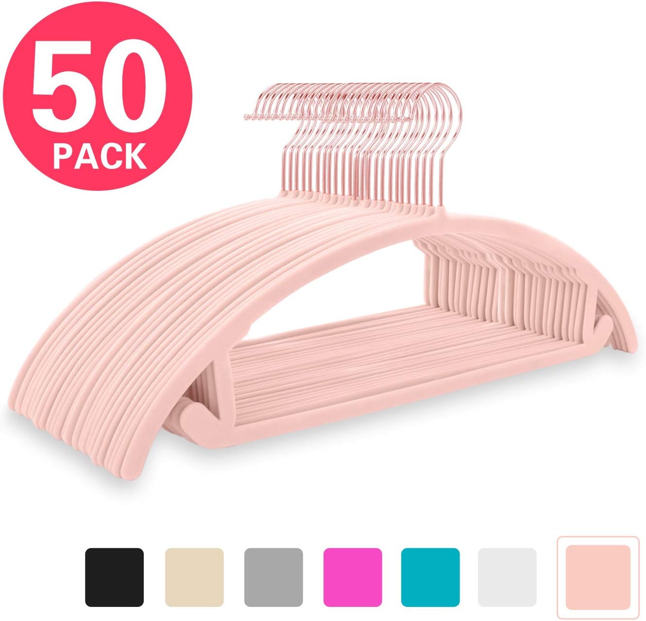 Premium Velvet Hangers (Pack of 50) Heavyduty-Non Slip No Shoulder Bump Suit Hangers-Copper/Rose Gold Hooks,Space Saving Clothes Hangers,Rounded Hangers for Coat,Sweater,Jackets,Pants(Blush Pink)