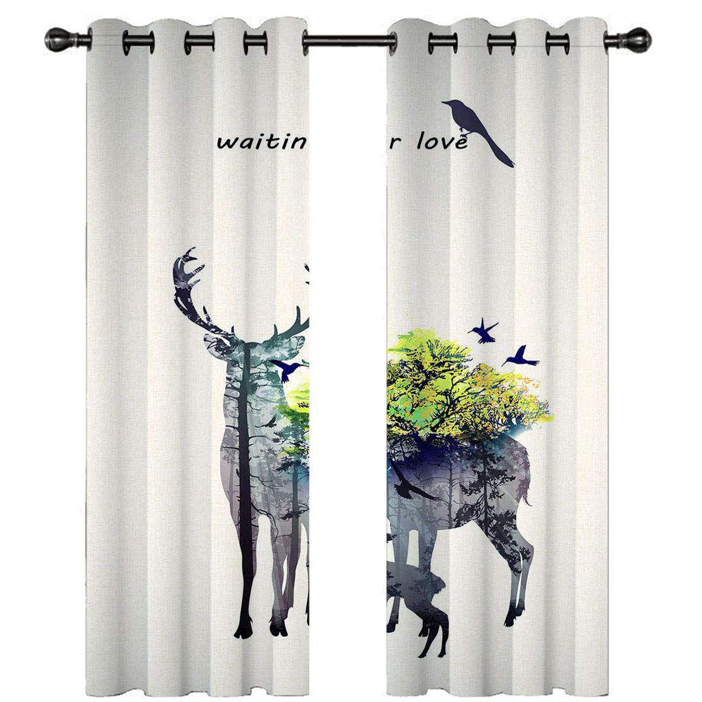 Cortinas Niño Niña Habitacion Opacas Con Ojales 2 Piezas 3D Ciervos Esperando El Amor En Un Bosque Verde Sobre Fondo Blanco. Patrón 264X214Cm（An X Al）Cortinas Termicas Aislantes Frio Y Calor Salón