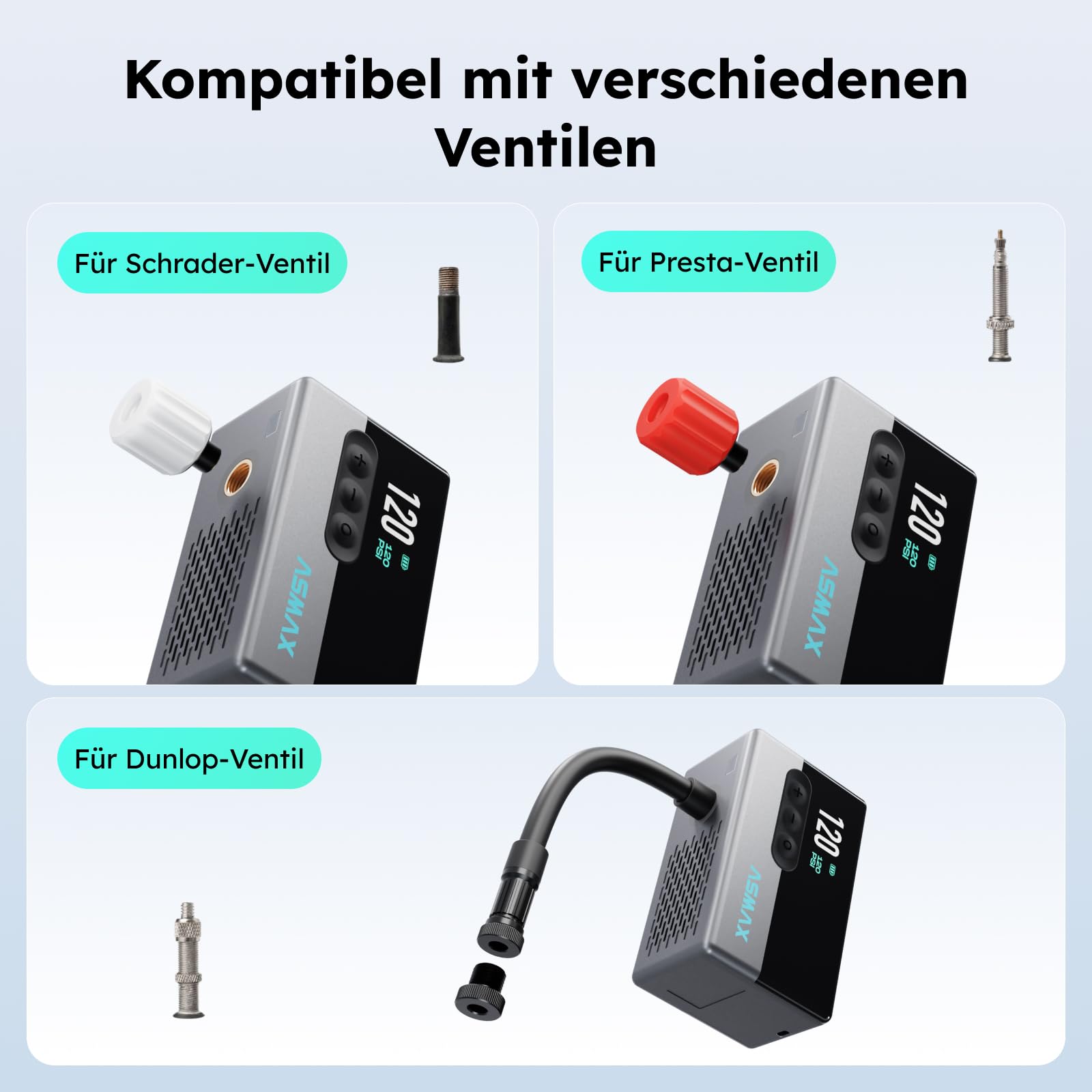 ASMAX Elektrische Mini Fahrradpumpe T30, 120 PSI Tragbarer Luftpumpe mit LCD-Display, Wiederaufladbar 500mAh, 4-in-1 Fahrradpumpe mit LED-Licht & Reifendruckmesser für Farrad/Rennrad/MTB/Bälle