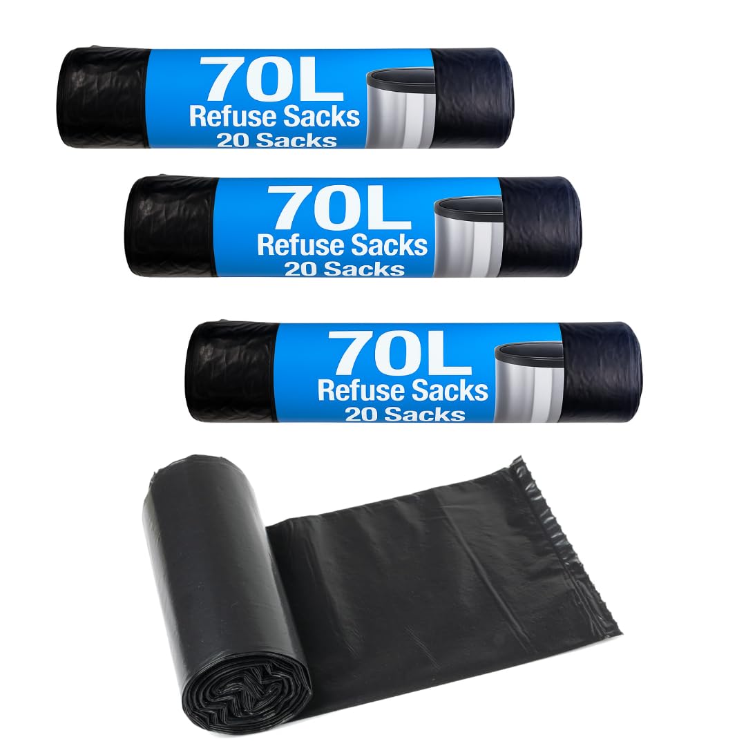 LND Gifts Refuse Sacks - Pack of 60-70 Litre Black Bags, Bin Bags, Durable Bin Liners for Pedal and Swing Bins Recycled Material and fully recyclable