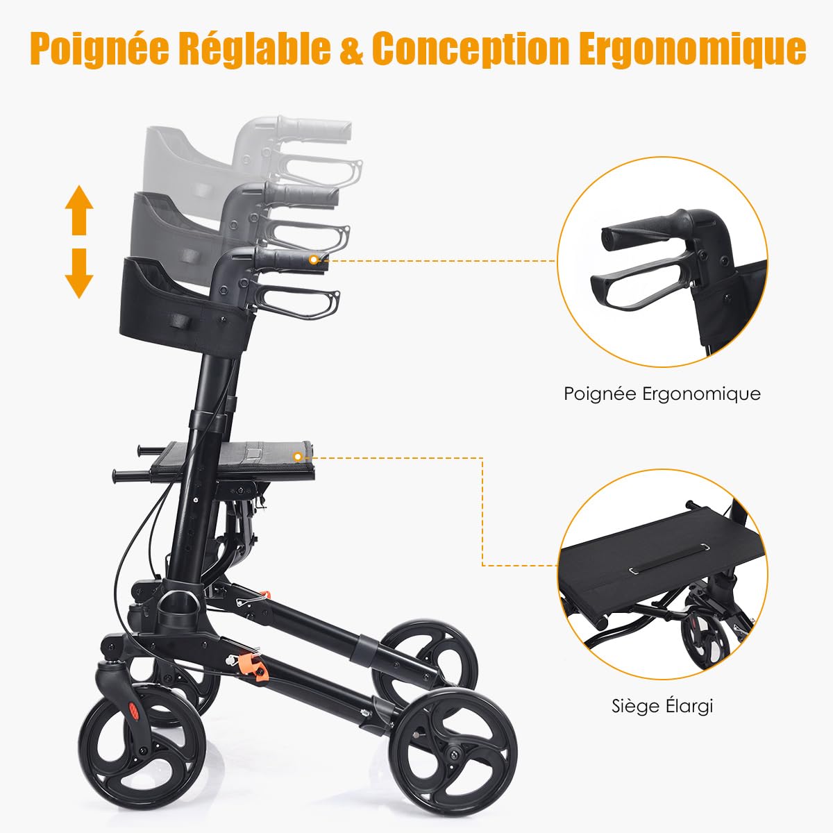 Déambulateur Pliant 4 Roues 20 Cm - Aluminium, Charge 136 Kg, Rollator Médical