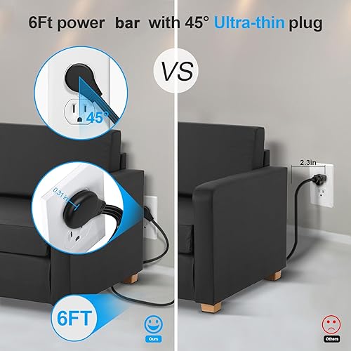Miniatura 3 de Paquete de 2 regletas de alimentación de enchufe ultra plano, protector de sobretensiones con 4 tomas amplias, cable de extensión delgado de 6 pies