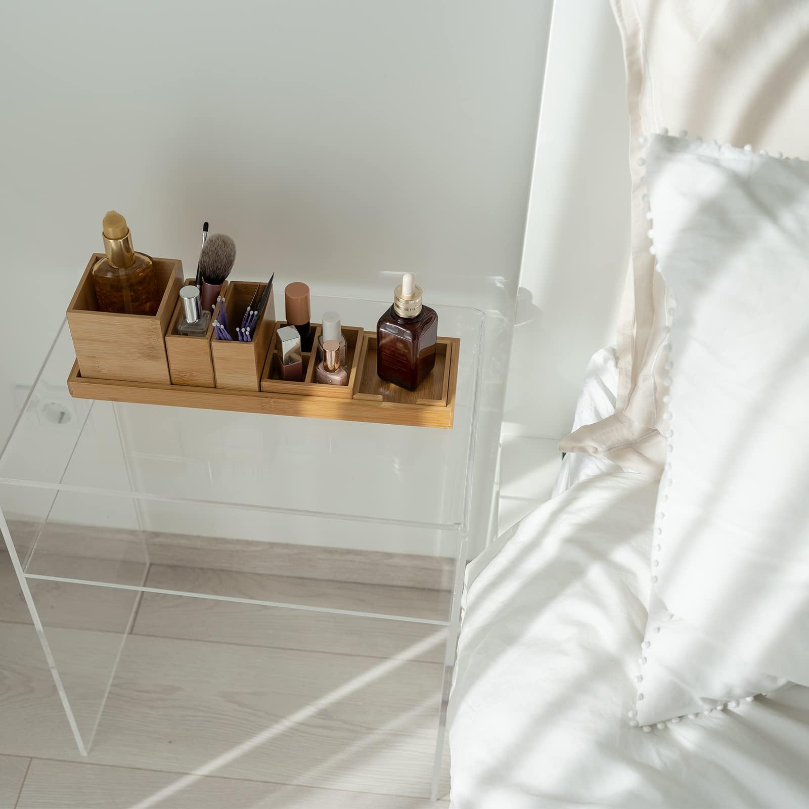 Bambus Badezimmertablett Set, 6-teilig verstellbares Schminktisch & Toilettentank Tablett, Kosmetik Organizer, Stifthalter, Bürobedarf, DIY-Dekoration