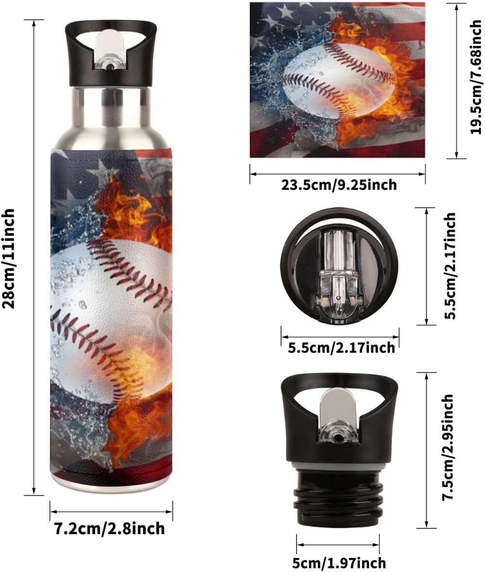 Insulated Stainless Steel Water Bottle with Straw 20oz Red Blue Usa Flag Sport Baseball Sports Water Bottles BPA Free Leakproof Metal Vacuum Flask Jug for Kids Gym Fitness - Image 2