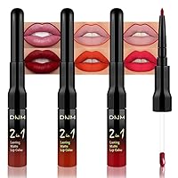Vista 21 de 3 piezas 2 en 1 Set de maquillaje de delineador de labios mate y lápiz labial líquido para mujeres, rojo burdeos, rojo burdeos oscuro, púrpura