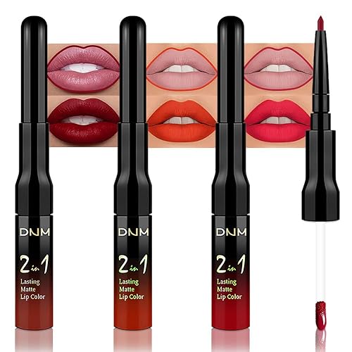 Miniatura 21 de 3 piezas 2 en 1 Set de maquillaje de delineador de labios mate y lápiz labial líquido para mujeres, rojo burdeos, rojo burdeos oscuro, púrpura