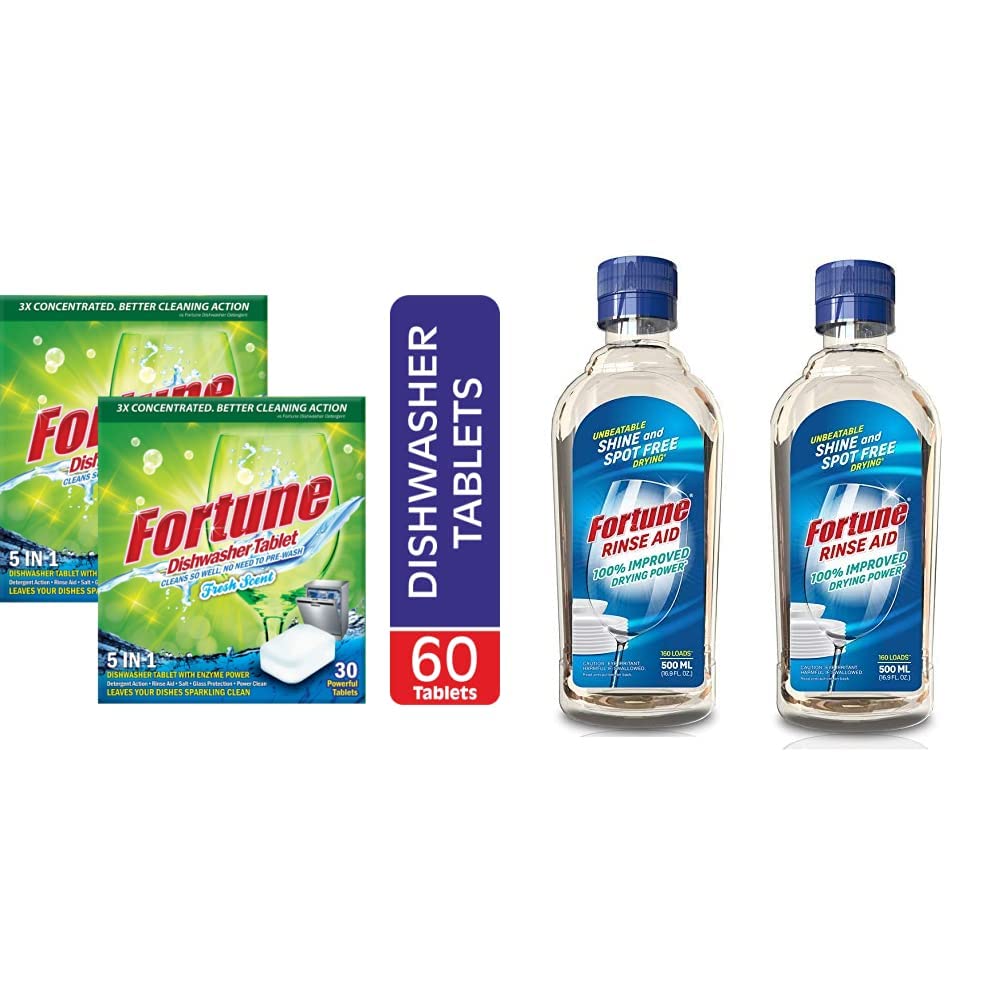 fortune dishwasher tablets, 5 in 1 action, fresh scent, 60 count (60.00) & fortune dishwasher rinse aid 500 ml (2 units x 500 ml)