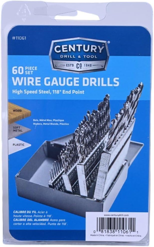 Century Drill & Tool, 11061, 60 PC Set Numbers 1-60,Wire Gauge, Brite Drill Bits for Wood, Metal, and Plastic