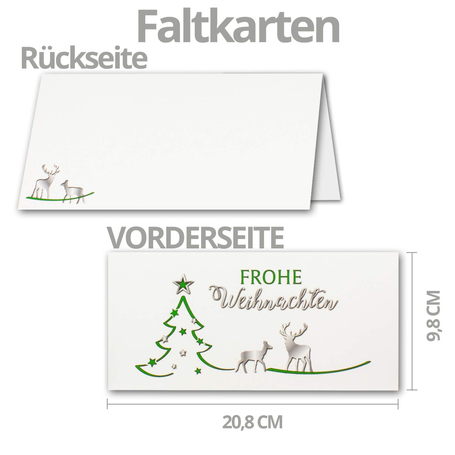 Juego de 200 tarjetas de Navidad DIN largo en color blanco con abeto verde y renos – Tarjetas plegables con sobres a juego DIN largo blanco con adhesivo – saludos de Navidad para empresas y privadas