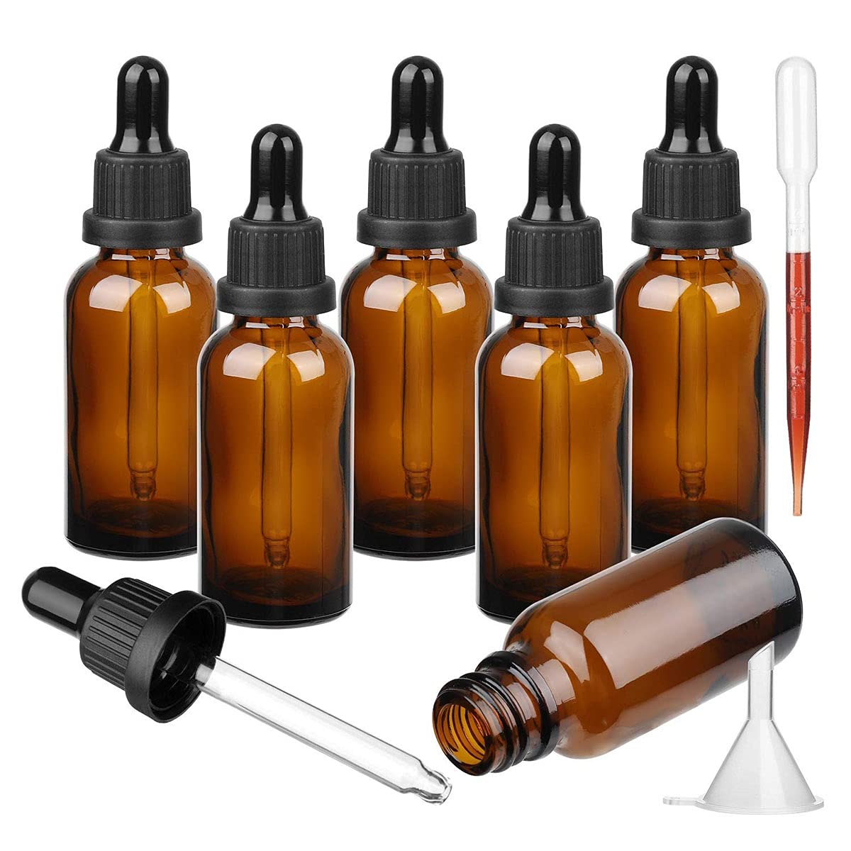 Amber Glass Bottle with Glass Pipette, 6 X 30ml / 1oz Dropper Bottles Refillable for Essential Oil Aromatherapy Blends