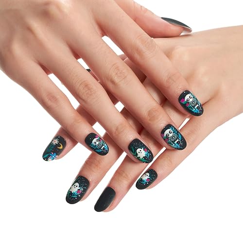 Miniatura 3 de GLAMERMAID Uñas postizas a presión ovaladas medianas, uñas postizas de calavera negra con diseño de huesos, kits de uñas postizas acrílicas ovaladas