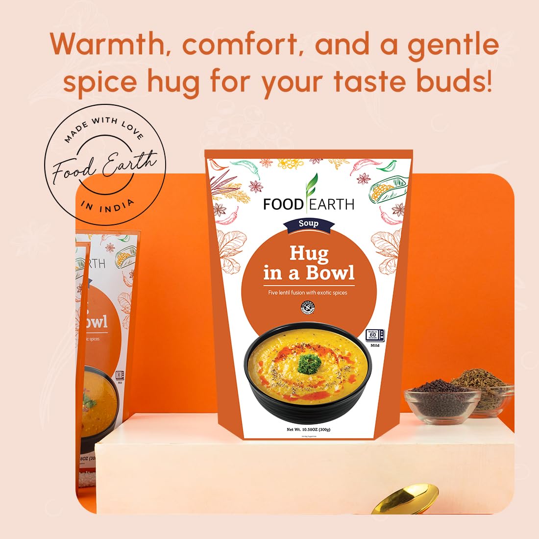 Food Earth Hug in a Bowl Soup, Pack of 6 (300 g Each), Vegan & Gluten-Free, Ready-to-Eat Five Lentil Soup with Coconut Cream & Indian Spices, 10.58 oz Each