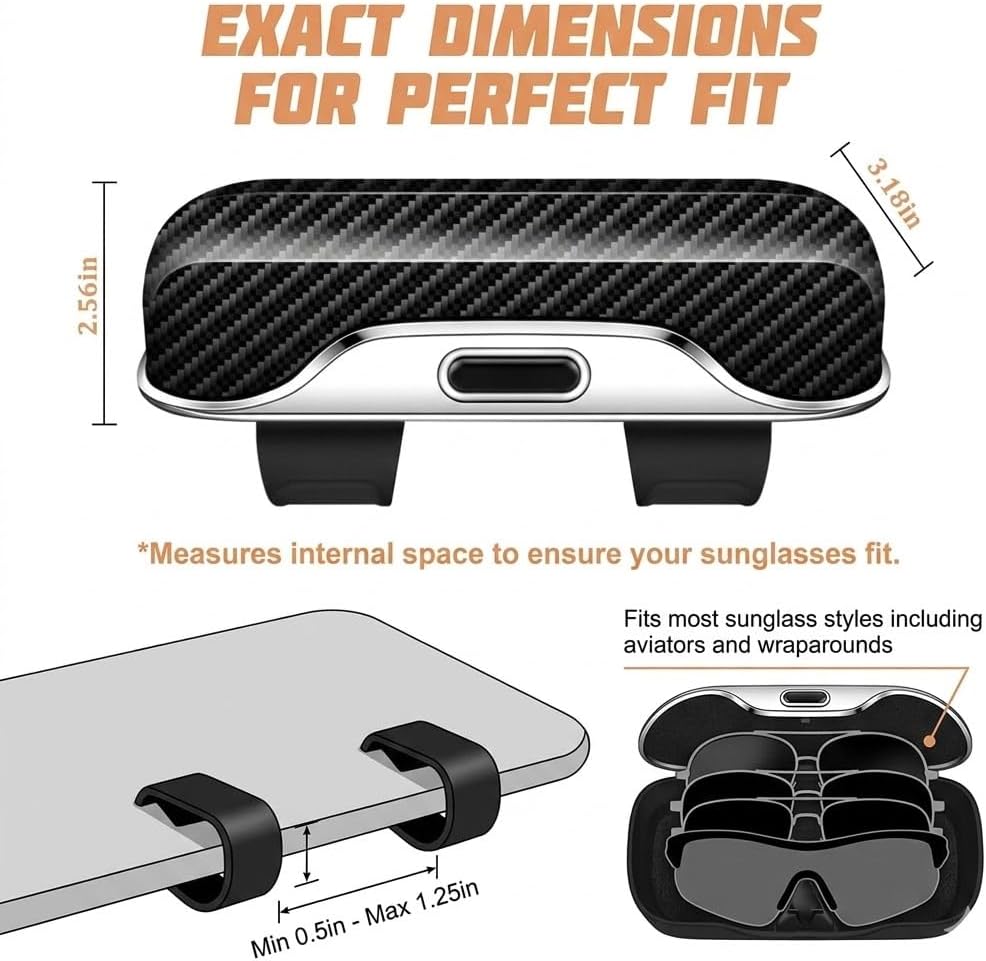 Car Visor Sunglasses Holder Case, Patented Fast Open Glasses Box | Versatile 7x2.56x3.15" visor glasses compartment. Patented 0.5s spring button open with 2mm drop-proof raised barriers.
