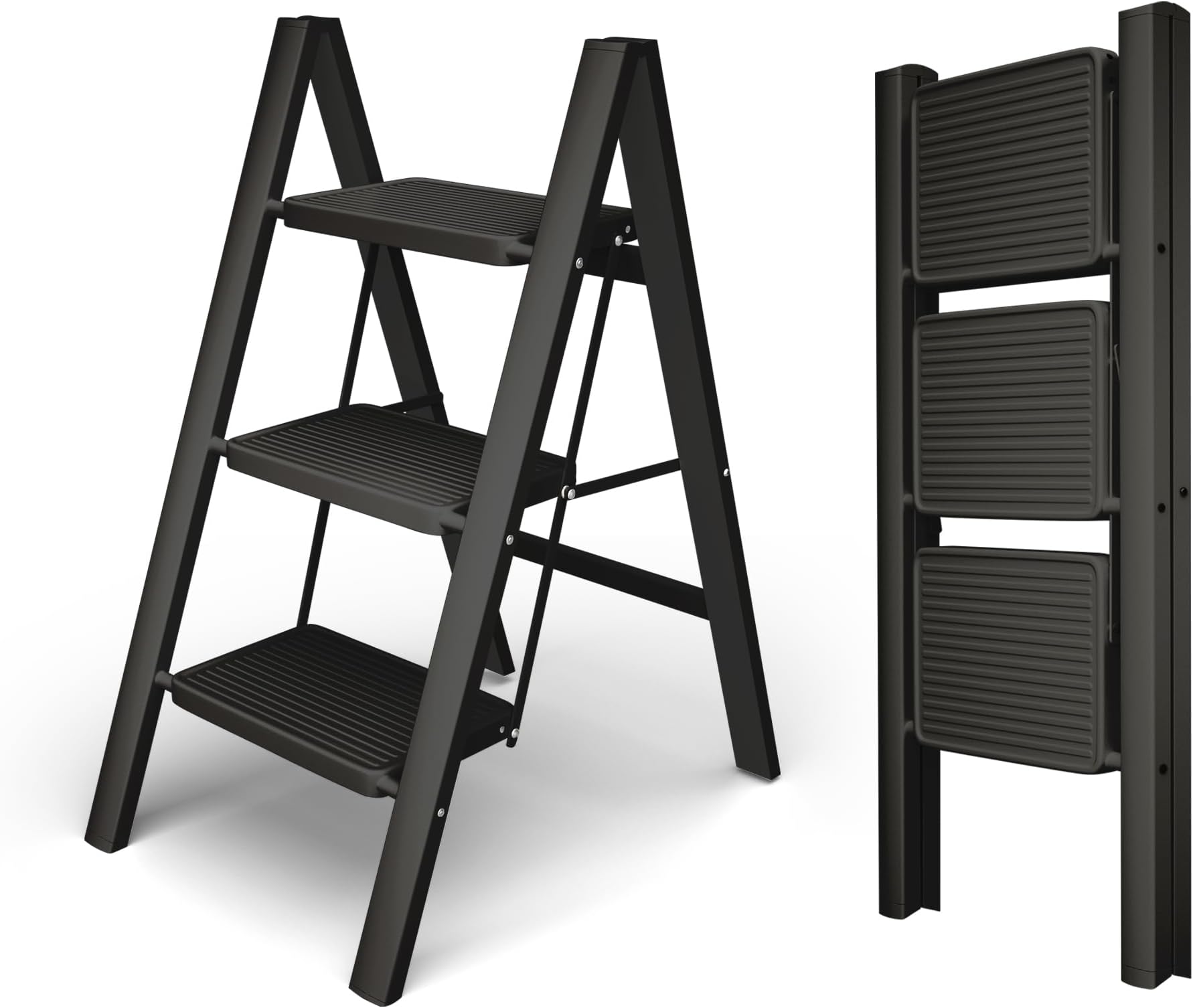 3 Step Ladder, Portable Folding Ladder with Anti-Slip Wide Pedal, Lightweight Multi-use Steel Step Stool for Adults, 330lbs Capacity Stepladder for Home, Office, Kitchen, Library (Black)