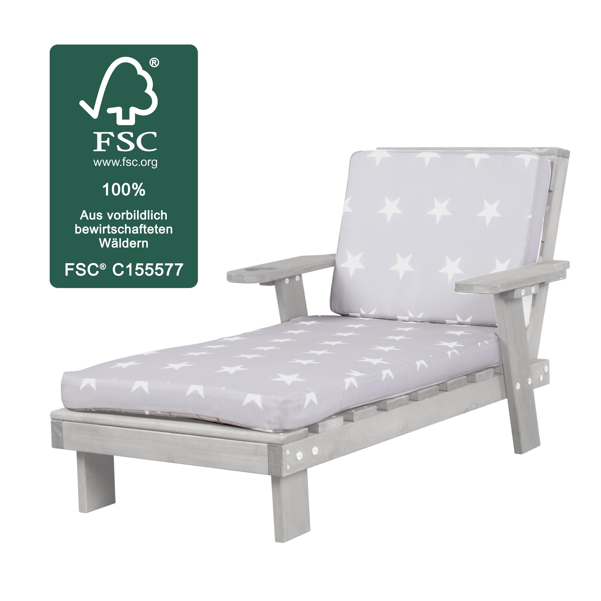 roba Sdraio per Bambini con Cuscini Little Stars - per Esterno, Giardino, Terrazza, all'Aria Aperta - Resistente alle Intemperie - con Portabicchieri - Certificato FSC - Legno Laccato Grigio