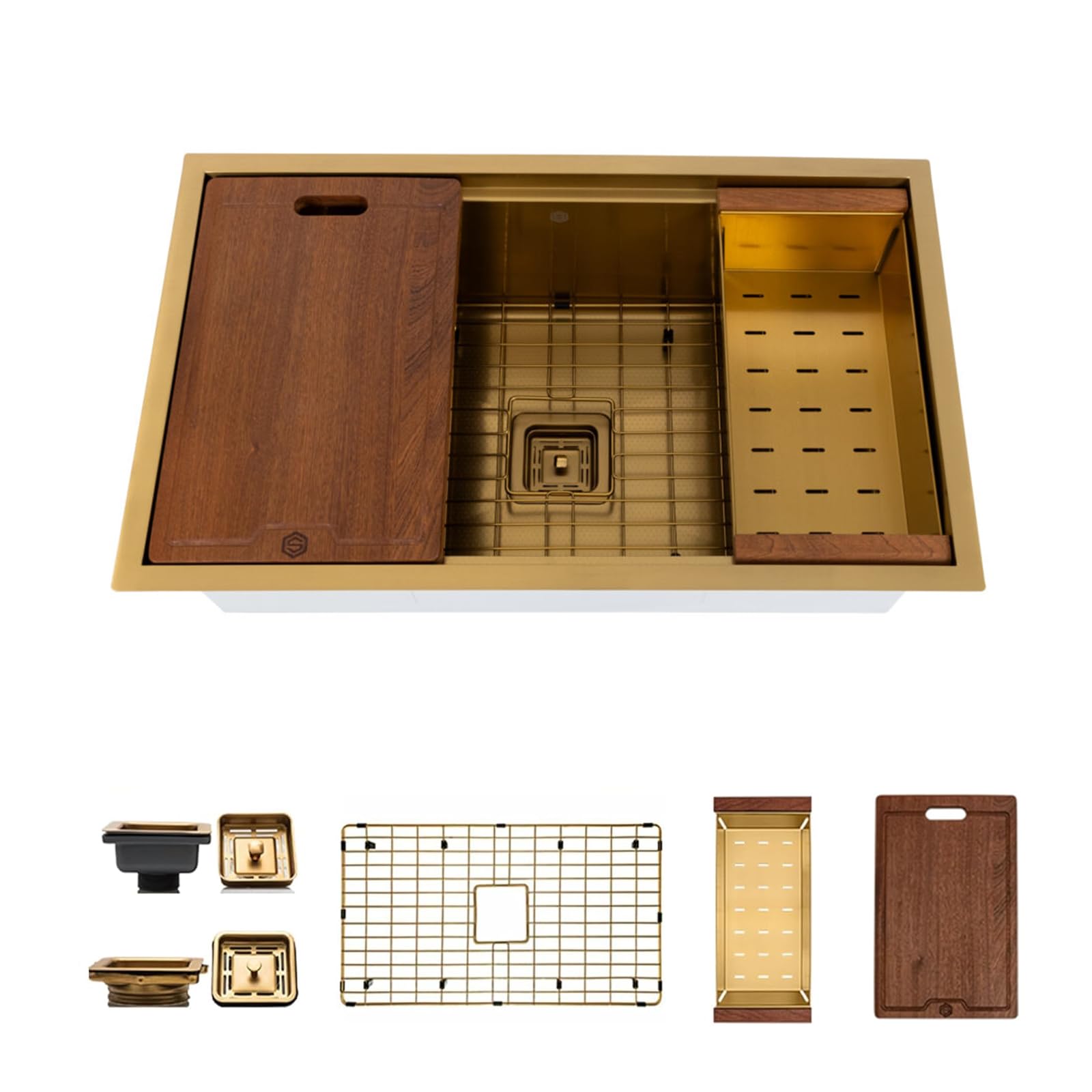 Strictly Sinks Undermount Workstation Kitchen Sink – 32 Inch 16 Gauge Embossed Hexagon Texture Gold Kitchen Sink with Grid, Wood Cutting Board, Colander, 1 Strainer Drain &amp; 1 Garbage Disposal Adapter
