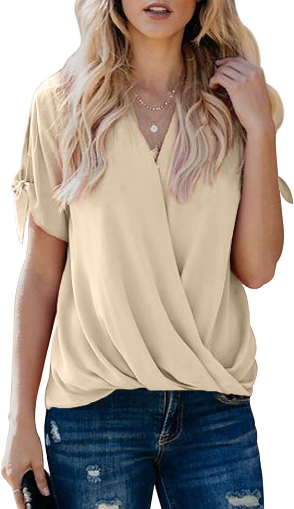 HOTAPEI Womens Spring Summer Tie Short Sleeve V Neck Chiffon Blouse - Fashion 2023 Loose Fit Apricot XL