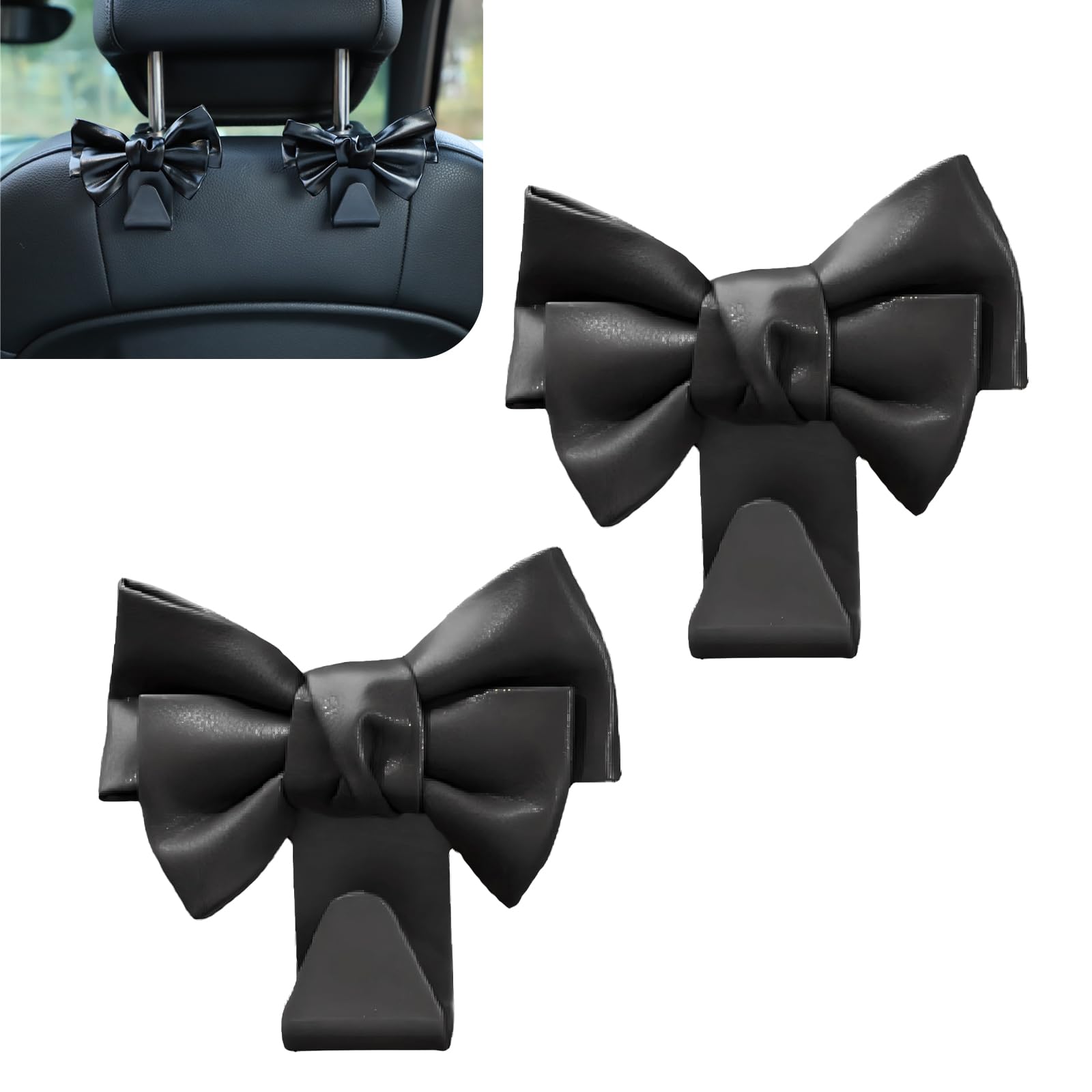 2 PCS Car Bow Seat Headrest Hooks, Space-Saving Cute Vehicle Purse Hooks, ABS Rear Seat Storage Hanger, Universal for Most Cars (Black)