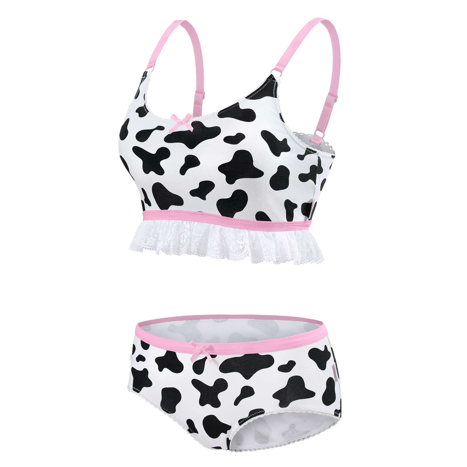 Littleforbig Lacy Trim Women Nightwear Strap Sleepwear Cami Top Shorts Lingerie Bralette Loungewear Set - Milk Cow: Medium White