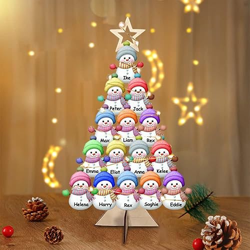 Árbol de Navidad con nombre personalizado con colgante de muñecos de nieve acrílicos Decoración de árbol de Navidad de madera para mesa, muñeco de
