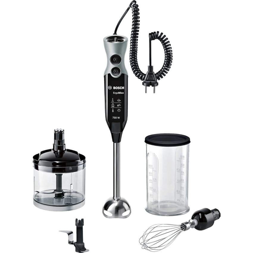 Immagine del prodotto Bosch ErgoMixx Hand Blender - Frullatore a Immersione Portatile, 750 W, 12 Velocità, Lama a 4 Ali, Bicchiere Graduato, Mini Tritatutto, Frusta e Lame Tritaghiaccio in Acciaio Inox