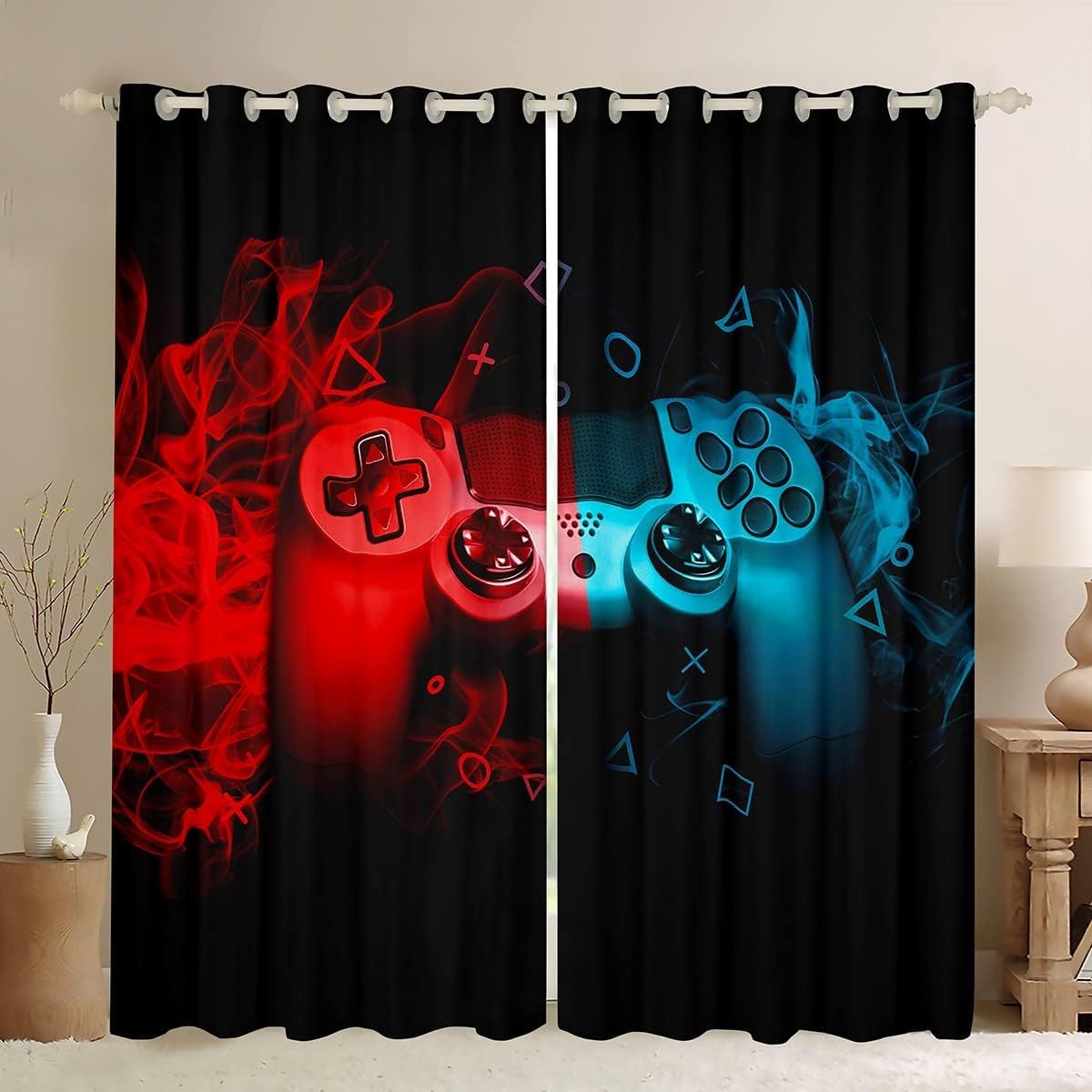 Loussiesd Gaming Thermal Curtain for Boys Bedroom Gamer Window Treatments Teens Video Game Home Decor Window Drapes Kids Red Teal Console Game Controlled W46*L54