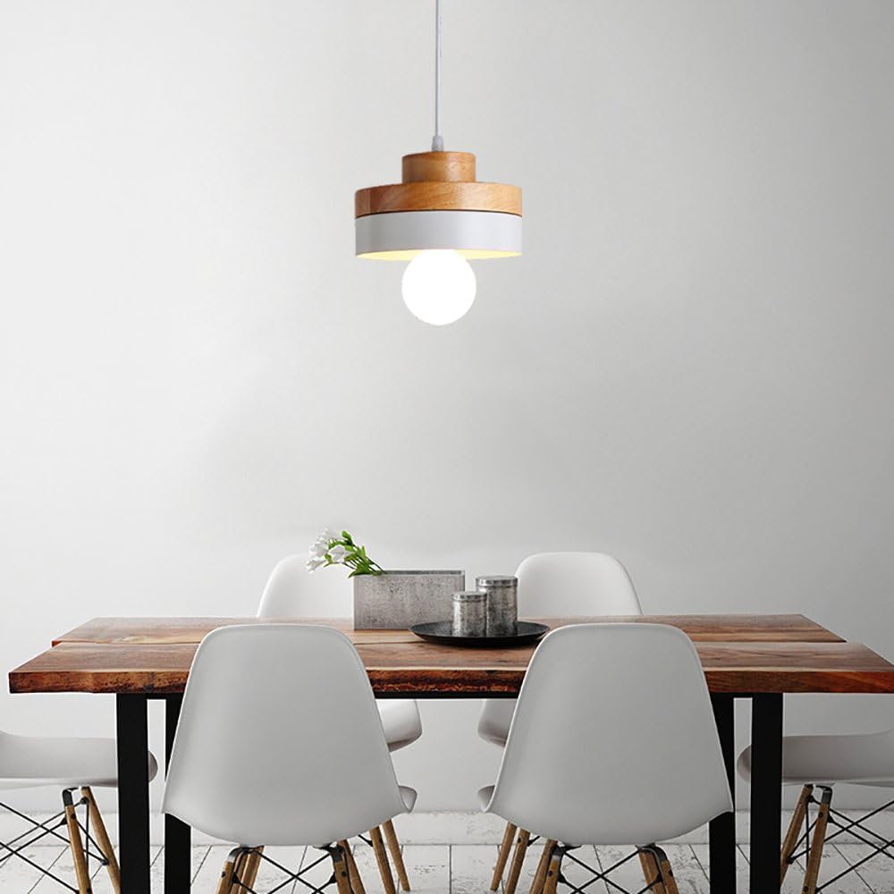 Comtemporary Pendant Light 60W White Lampshade,Elitlife E27 Industrial Wooden&Aluminum Shade Modern Ceiling Hanging Light Fixtures Light for Restaurant,Dining Room,Kitchen, Loft Coffee Bar (Circular)