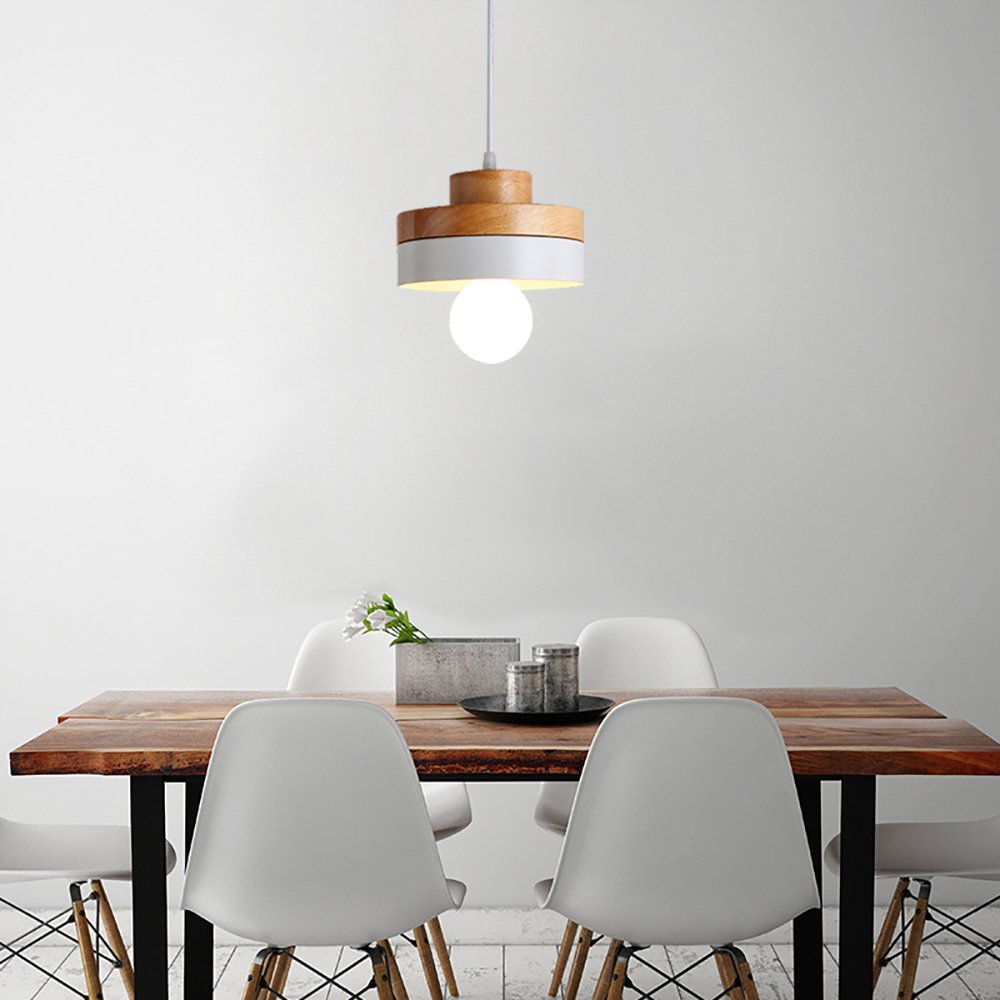 Comtemporary Pendant Light 60W White Lampshade,Elitlife E27 Industrial Wooden&Aluminum Shade Modern Ceiling Hanging Light Fixtures Light for Restaurant,Dining Room,Kitchen, Loft Coffee Bar (Circular)