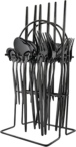 JANKNG Juego de cubiertos básicos de 24 piezas con un soporte para cubiertos acero inoxidable 180 acabado espejo cuchillo tenedor cucharilla juego