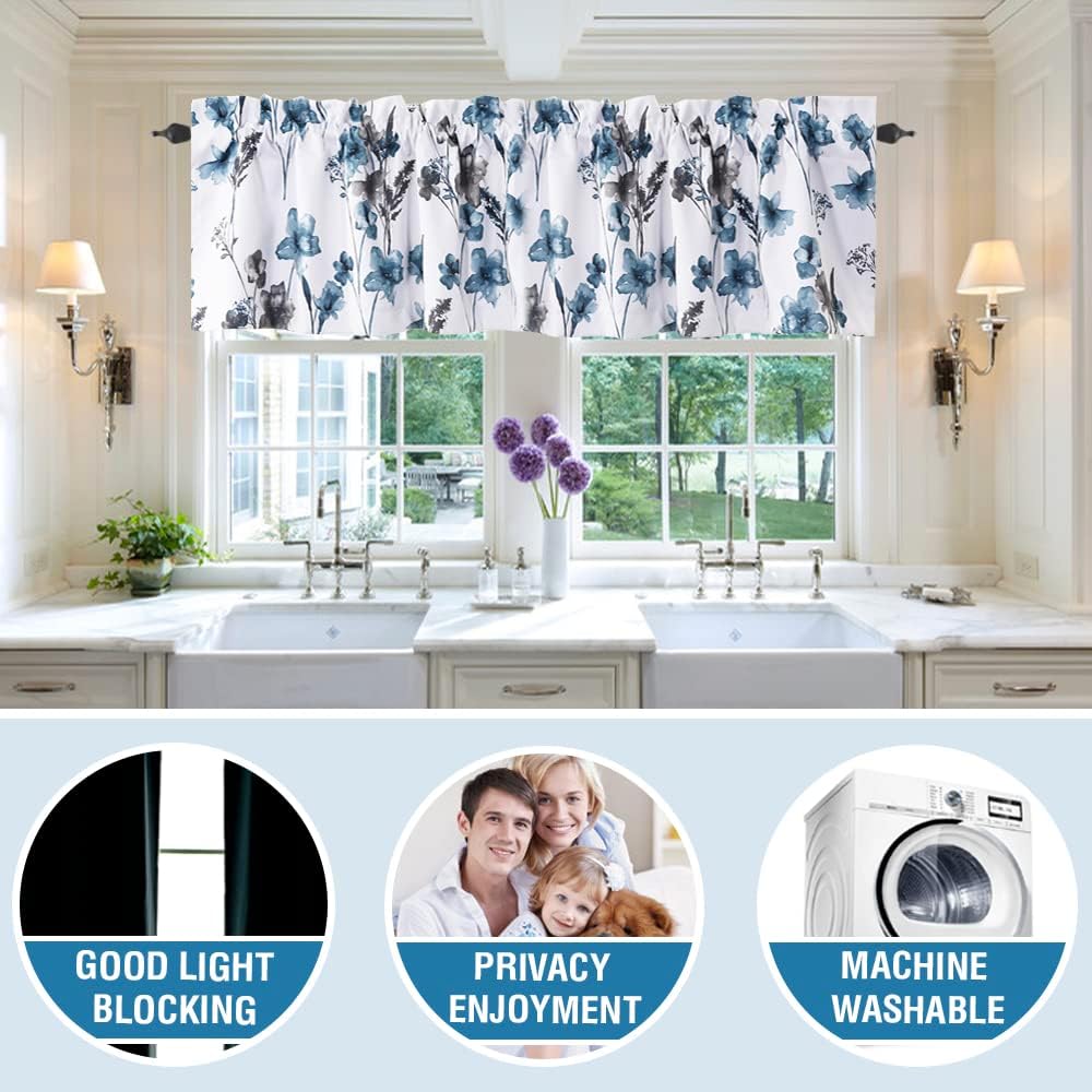 H.VERSAILTEX 100% Blackout Curtain Valances for Kitchen Windows 2 Panels Set Cattleya Floral Printed Leah Floral Thermal Insulated Rod Pocket Valances for Windows, 52" x 18", Grey/Blue