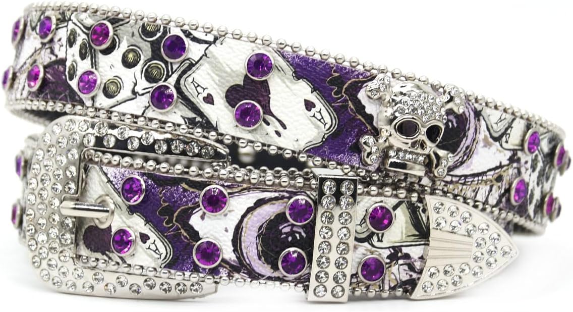 Bling Rhinestone Studded Belt for Men Women Sparkle Diamond Metal Skull Head Waist Band Western Eye Graffiti Belt(105cm/41, Purple)