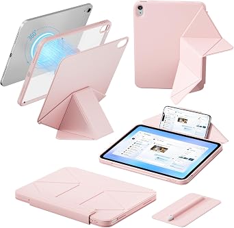 Case for iPad A16 11th Generation 2025 11 Inch, for iPad 10th Generation 2022 10.9 Inch, Clear Magnetic Detachable Back Cover & Pencil Holder, Multiple Angles, Auto Sleep/Wake, Pink