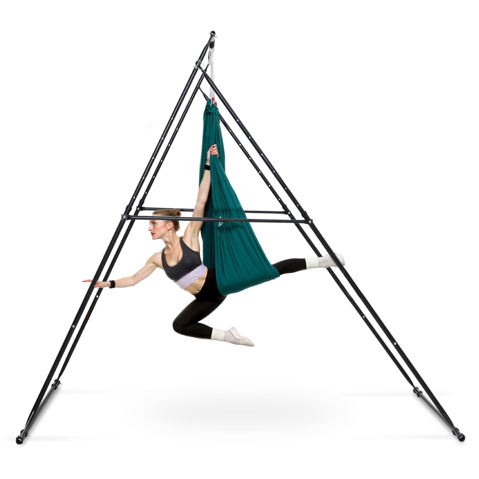 VEVOR Yoga Stand Frame, 9.6 ft Aerial Silk Swing Stand, Max 551.2 lbs Load Capacity, Triangular Structure with Non-Slip Base & EVA Foam, 4-Level Horizontal & 6-Level Vertical Adjustment, Detachable Frame with 6.6-Yard Yoga Hammock,Silver/Black