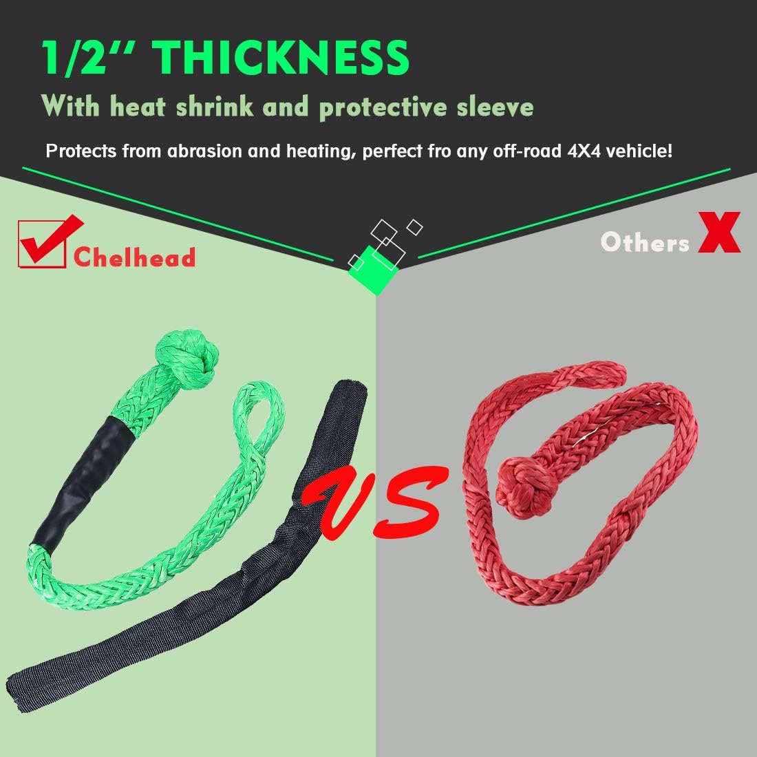 Samlight Rope Synthetic Soft Shackles, 38000lbs Breaking Strength 1/2’’ Green Recovery Rope with Protective Sleeve for Boating Off Road 4X4 Truck ATV UTV