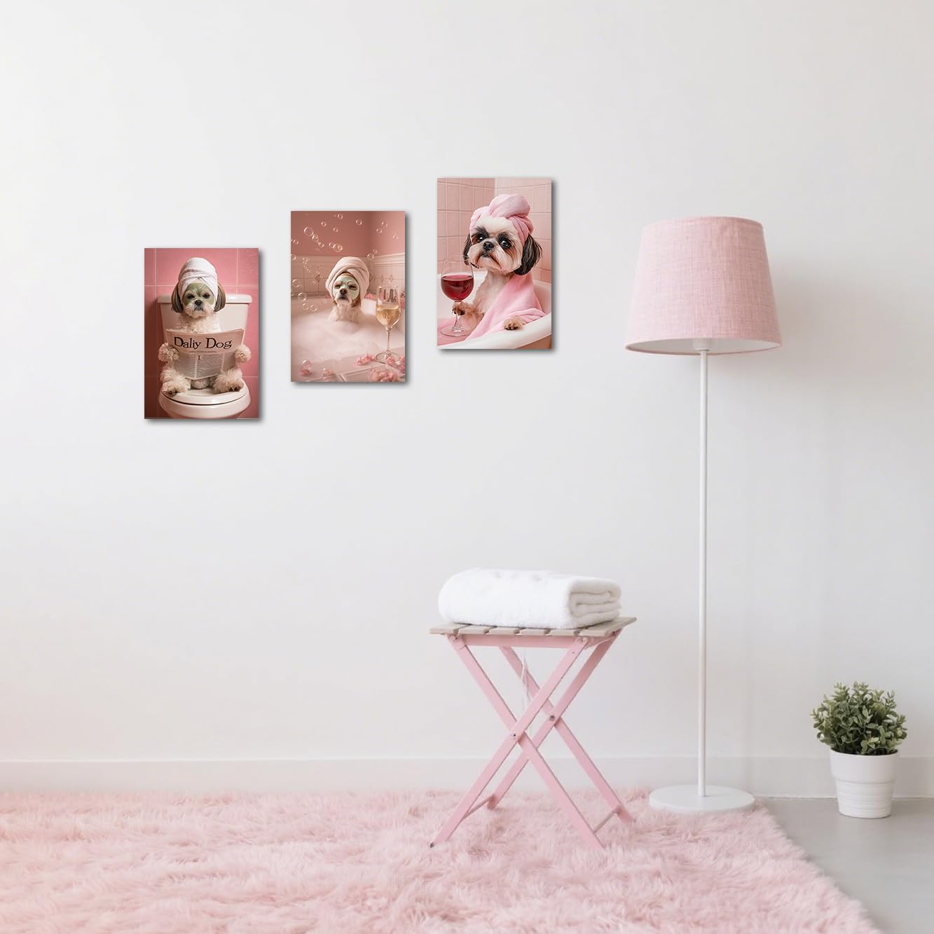 BJYCHG Funny Bathroom Canvas Wall Art Dog Spa Day Art Print 3 Pieces Cute Animal Relaxing Bath with Wine Painting Dog Grooming Poster for Nursery Toilet Decor (Pink, 12x16inchx3 Pieces)