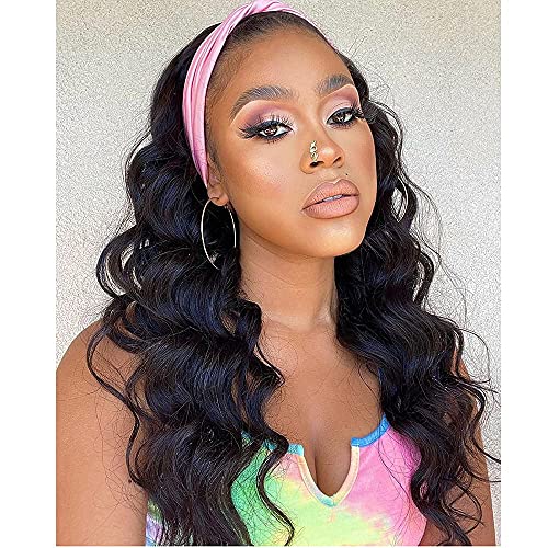 Body Wave Headband Wig for Women 26 Inches Long Wavy Synthetic Hair Wig With Headband Natural Black Long Wigs for Daily Use (Body Wave, Black)