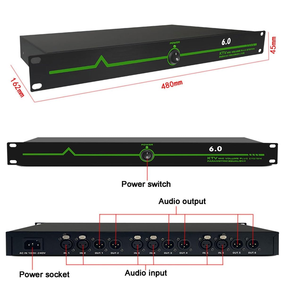 Suppresseur de Larsen professionnel, microphone 6 entrées/6 sorties, anti-hurlement, décalage de fréquence, 12 segments de rétention haute fidélité, effecteur de scène for microphone KTV(6in6out)