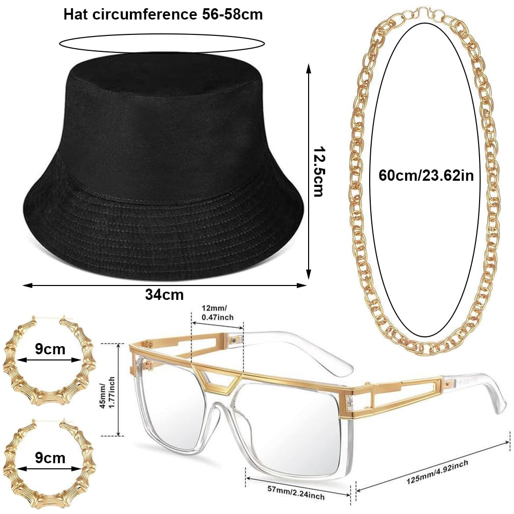 Hip Hop Rapper Costume Set, 5 Pcs Hip Hop Accessories Kit, Golden 80s Hips Hops Fancy Dress Accessories, Golden Necklace - Image 2