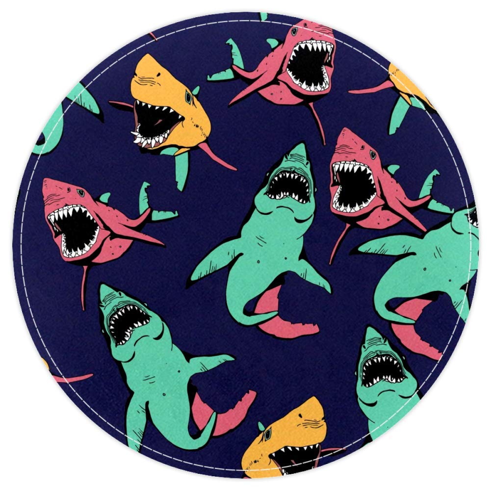 HEOEH Angry Shark Sea Life Pattern, Non Slip Doormat 15.7" Round Area Rug Carpets Rugs for Kids Bedroom Baby Room Play Room Nursery