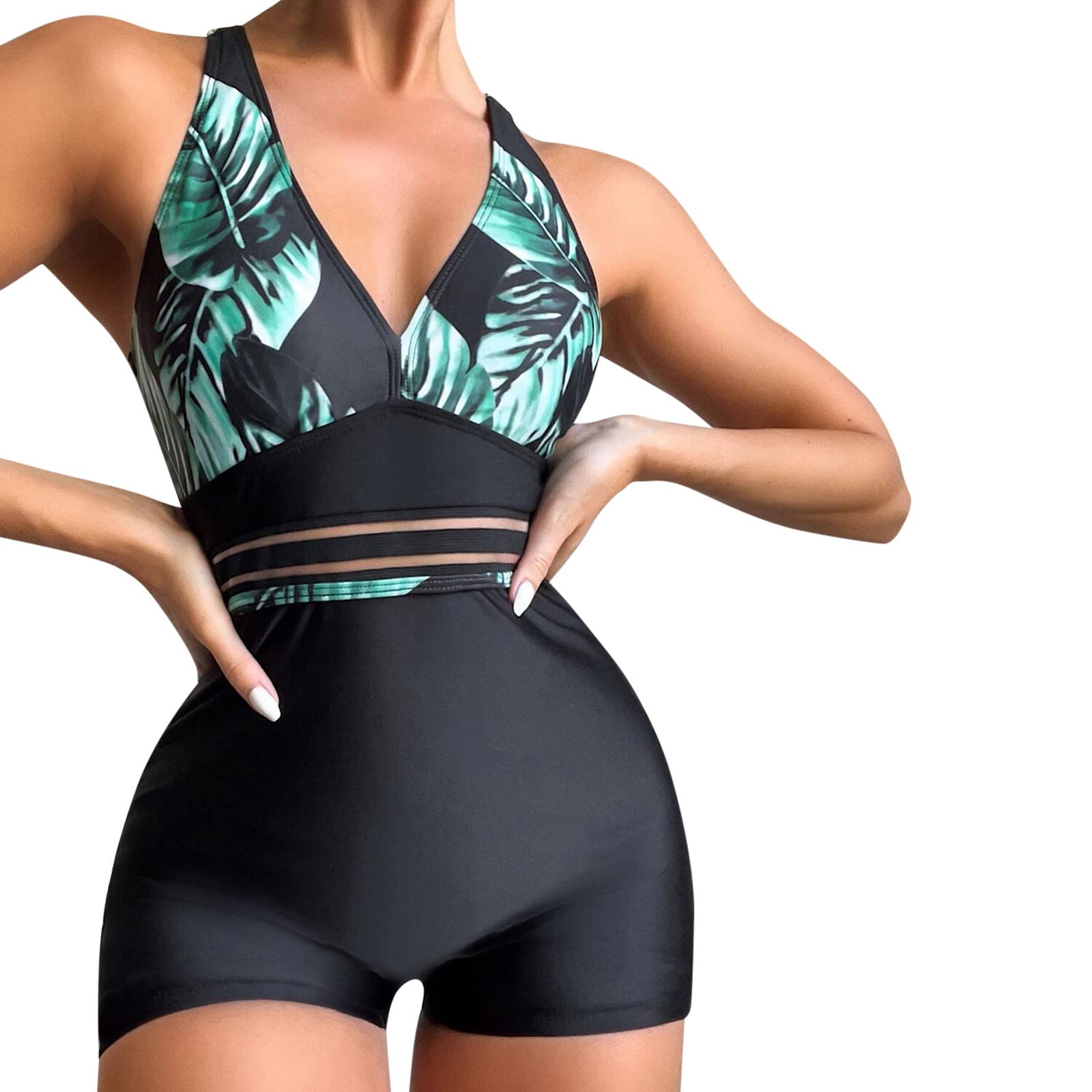 Women High Waist The Leaves Of Printing Bikini Push Up Bikinis Print Swimsuit Female Beachwear Swimwear (Black, S)