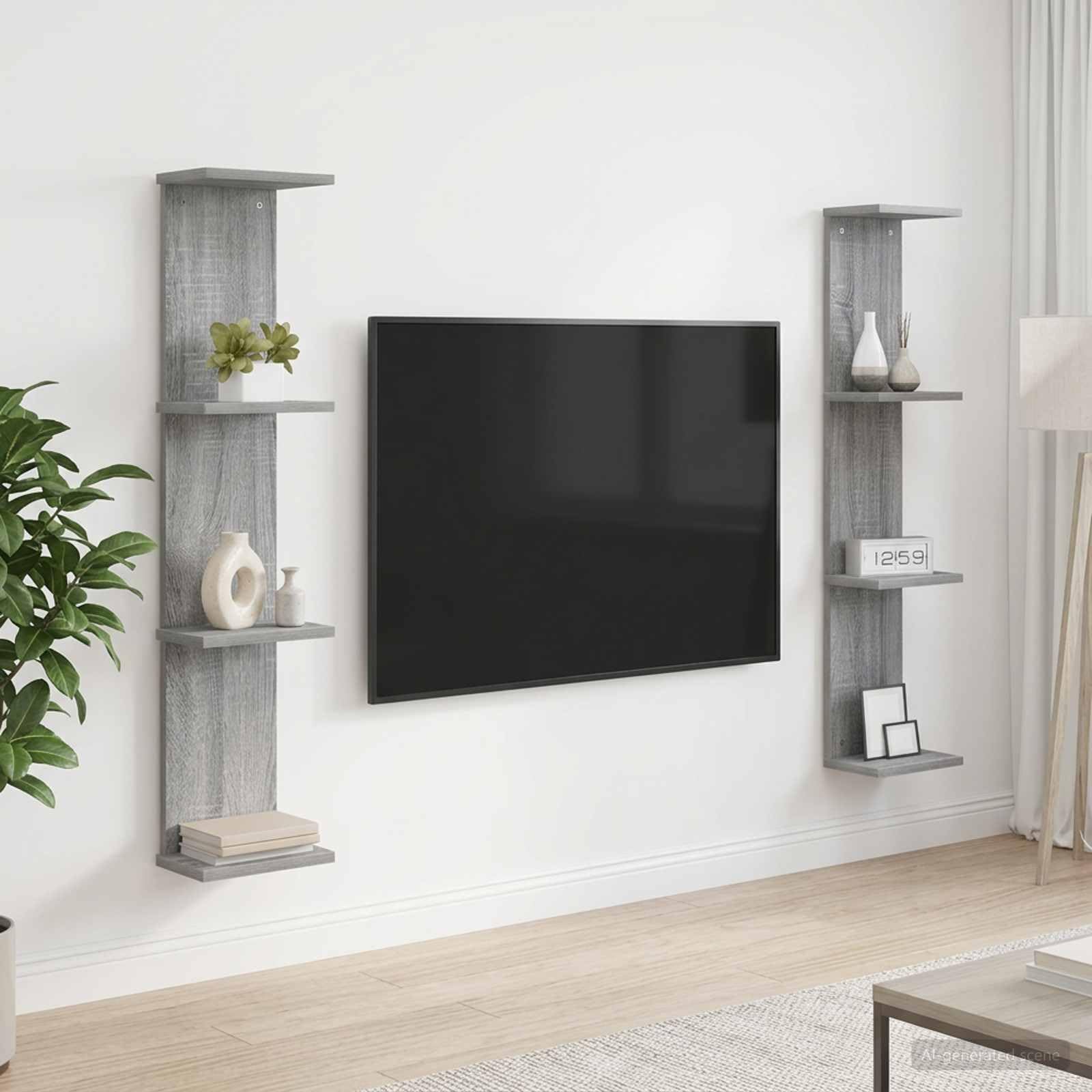 Scaffale da parete, confezione da 2 pezzi, grigio sonoma, 22 x 15 x 100 cm, in legno, organizer da parete per soggiorno, camera da letto, cucina, bagno, corridoio, salvaspazio