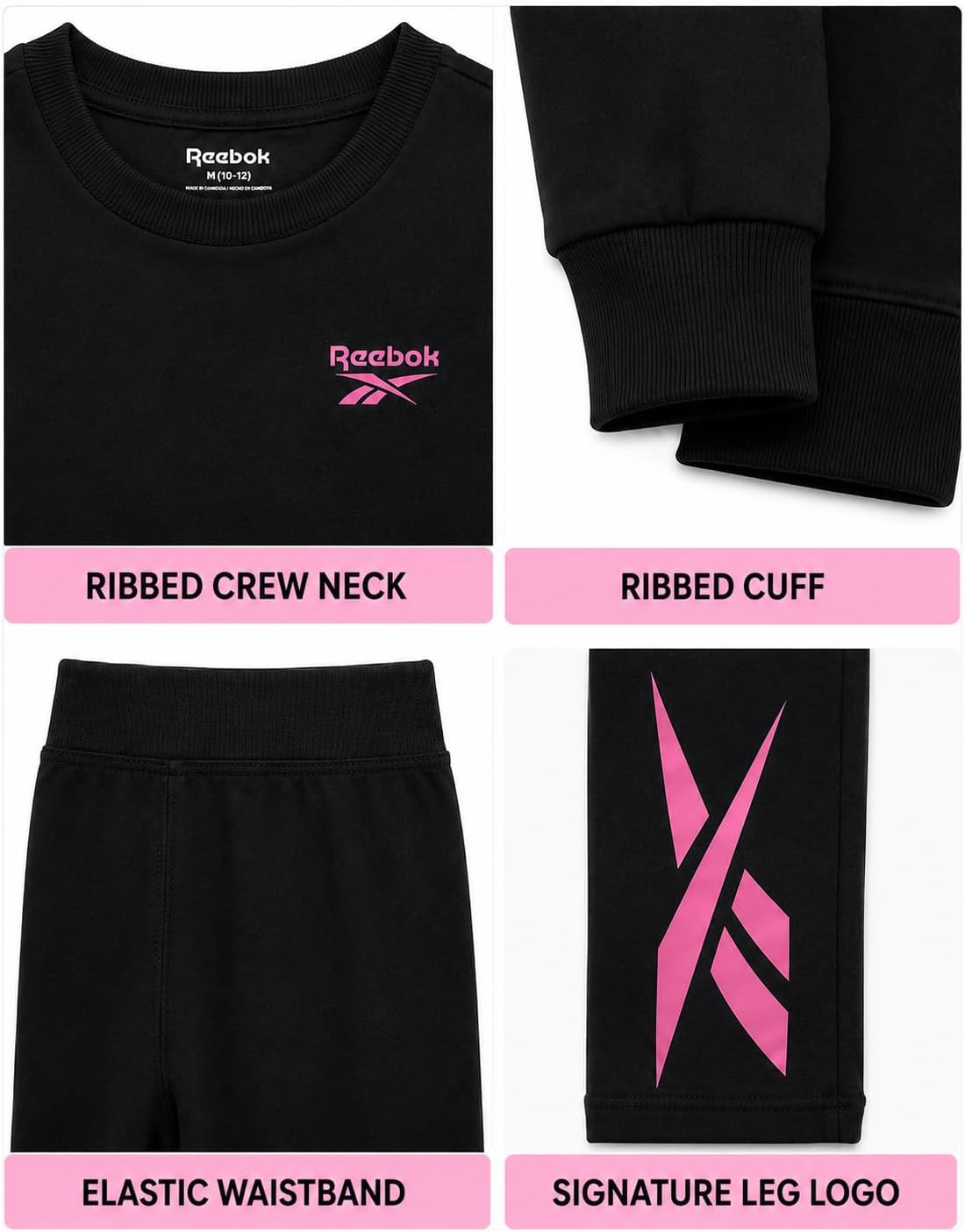 Reebok Girls Pants Set - 2 Piece Lightweight Long Sleeve Shirt and Girls Leggings Outfit - Breathable Athletic Outfits