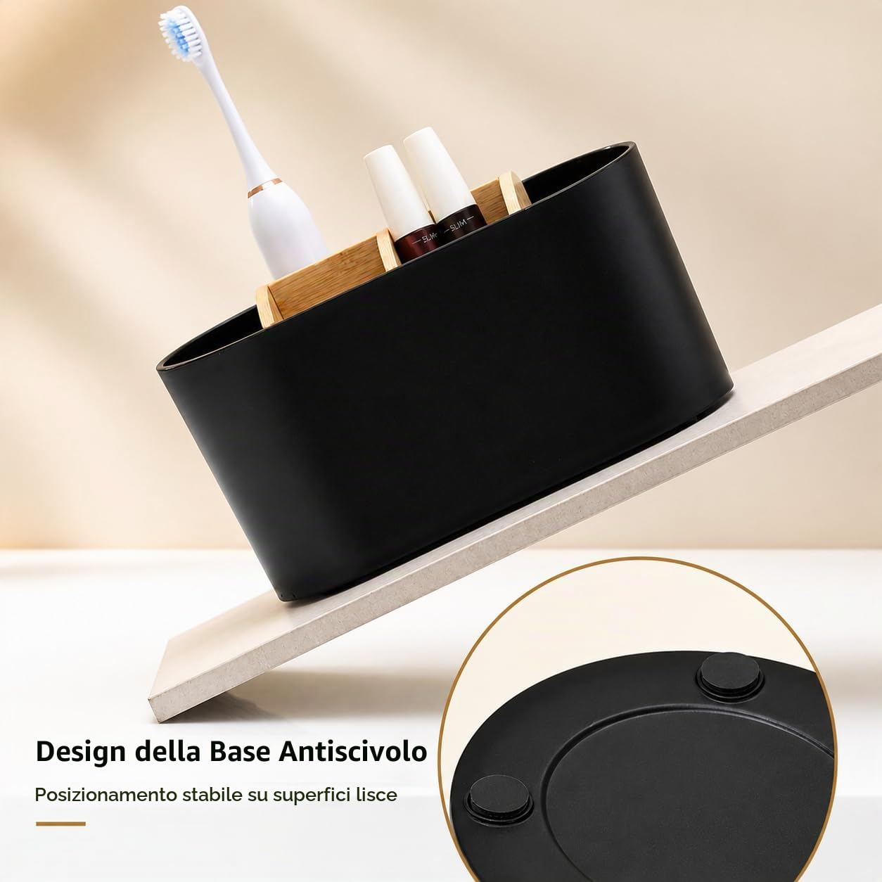 Porta Spazzolino Elettrico da Appoggio, Organizer Bagno con 6 Scomparti e Divisori in Bambù Rimovibili, Portadentifricio Multifunzione per Lavabo Cucina Soggiorno, Nero