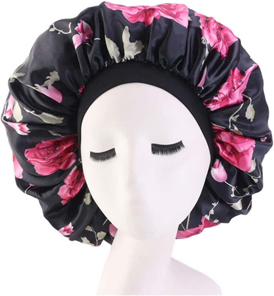 Simoda Satin Floral Night Cap for Curly Hair Elastic Band Sleeping Hat Hair Care Satin Bonnet (Large Version #1)