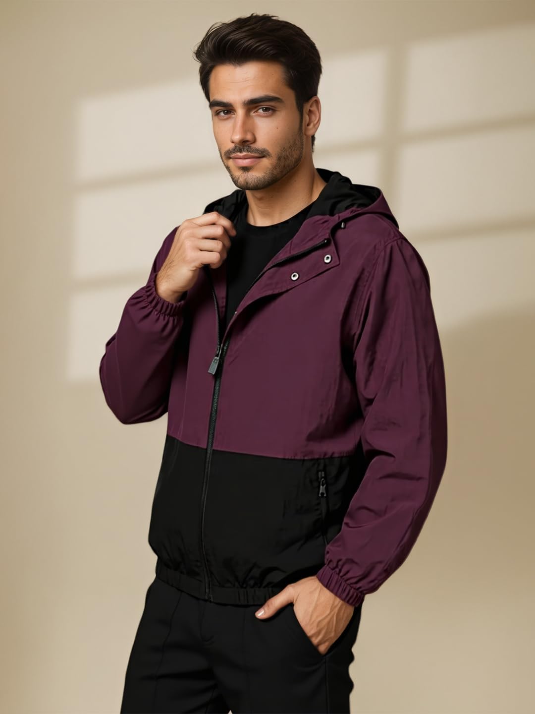 CHKOKKO Mens Stylish Oversized Windcheater Jacket with Zip Closure Lightweight Sportswear for Running Travel Hiking Outdoor and Rainy Season Wear MaroonBlack M 1