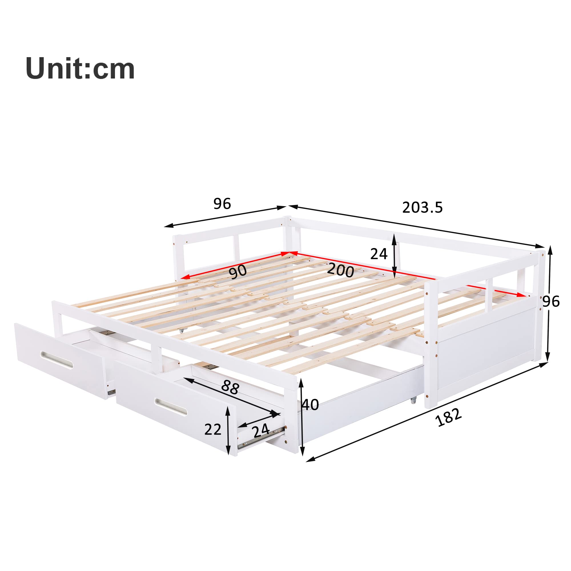 Azkoeesy Sofá Cama Extensible con 2 cajones, 200 x 90-180 cm, Convertible en Cama de Matrimonio, con somier y Espacio de almacenaje, Madera de Pino, Color Blanco, sin colchón