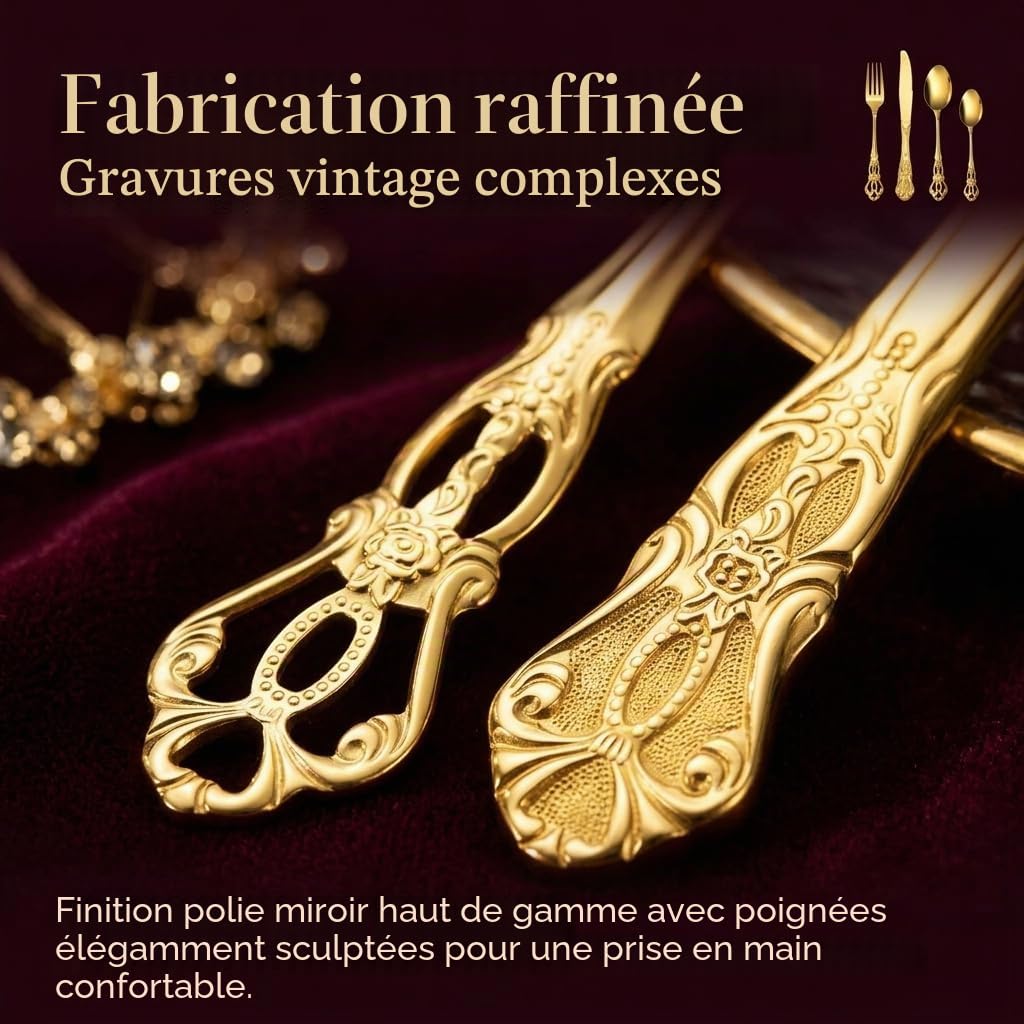 Couverts de Table doré, Vintage Ménagère 20 pièces en Inox pour 4 Personnes Comprend des Couteaux/Fourchettes/Cuillères, Poli Miroir/Lavable au Lave-vaisselle Couverts pour la Maison Divertissement