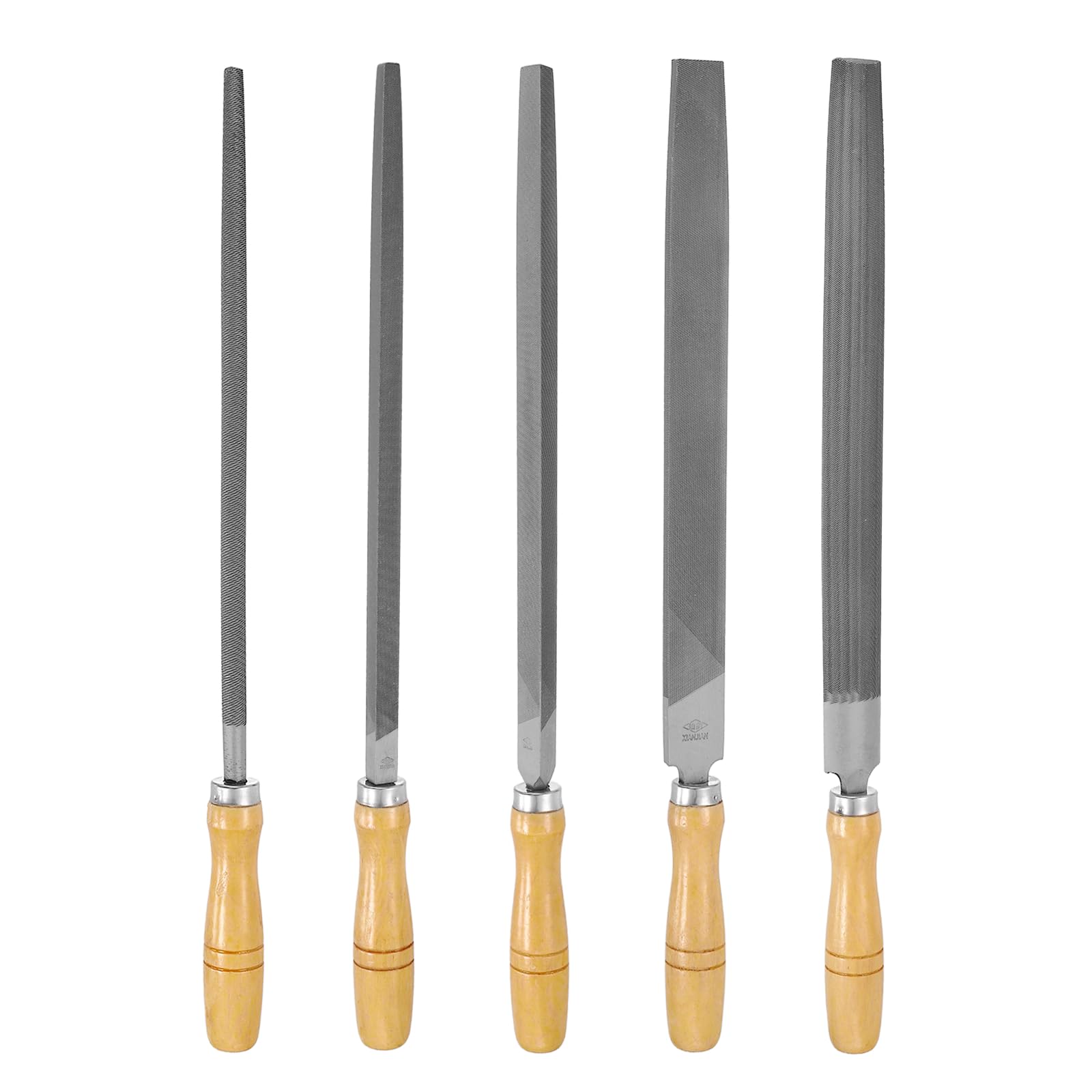 sourcing map 5pcs Metal File Set 300mm Fine Teeth High Carbon Steel Hand Files with Wooden Handle Square/Flat/Triangle/Half-Round/Round for Metal Wood Stone Grinding Polishing Engraving